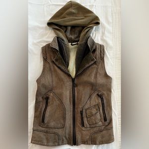 Doma Brown Leather Vest with Olive Hood